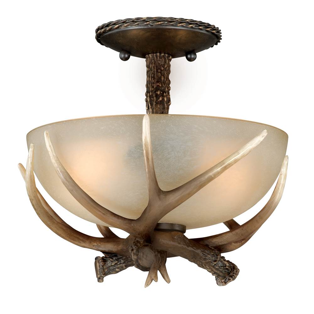 Vaxcel Yoho 12-in W Bronze Rustic Antler Bowl Semi Flush Mount Ceiling Light Cream Glass