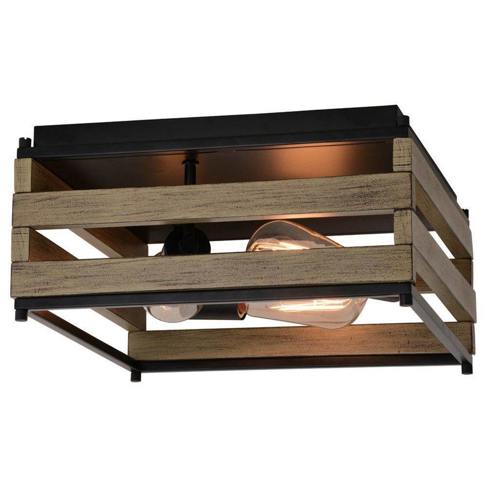 Vaxcel Ravenswood 13-in W Black and Wood Slat Square Farmhouse Flush Mount Ceiling Light Fixture