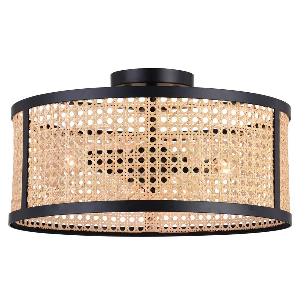 Vaxcel Berens 15.5-in W Matte Black Modern Farmhouse Drum Semi Flush Mount Ceiling Light with Rattan Cane Shade