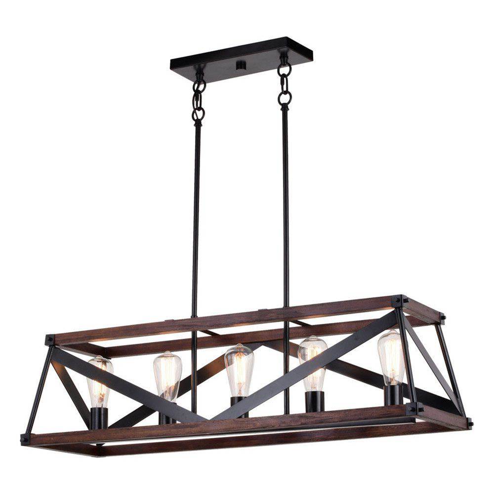 Vaxcel Wade 5L Black and Wood Rustic Cage Linear Chandelier Island Pendant Light Fixture