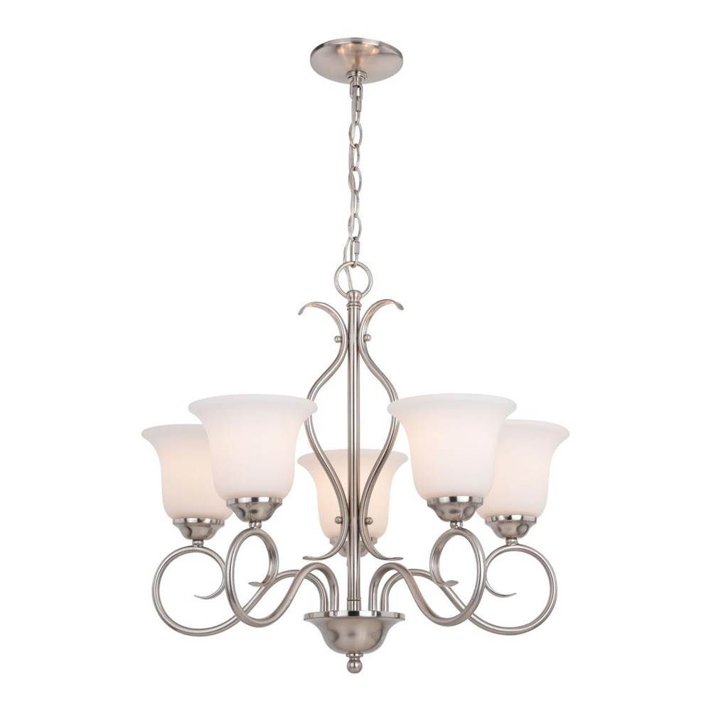 Vaxcel Albion 5 Light Satin Nickel Chandelier with White Glass Shades