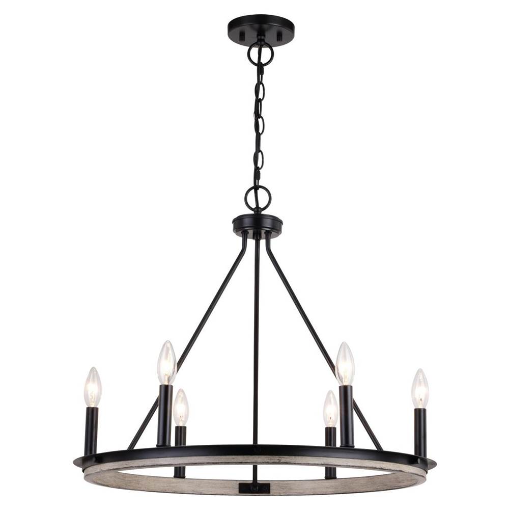 Vaxcel Russel 6 Light Matte Black and Weathered Gray Farmhouse Candle Wheel Chandelier