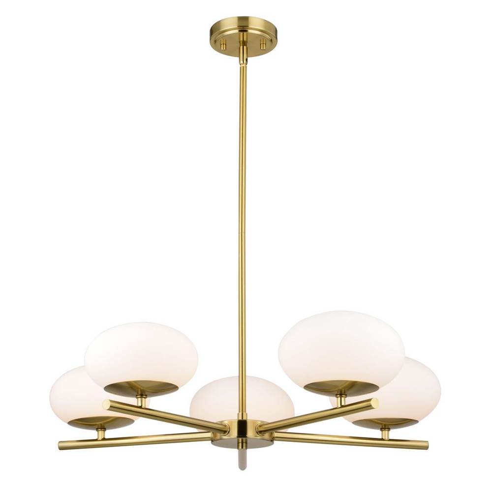 Vaxcel Sloane 5 Light LED Gold Satin Brass Mid-Century Modern Chandelier with White Glass Globes