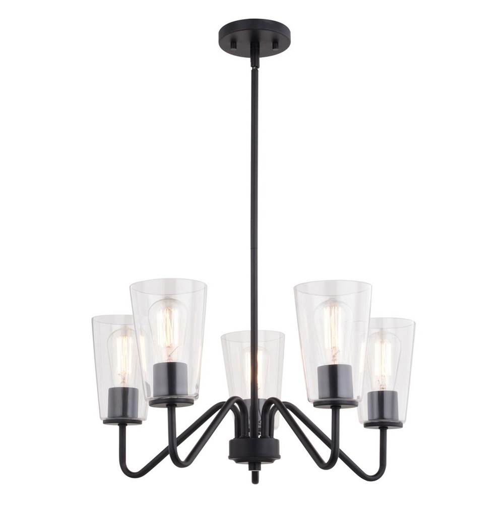 Vaxcel Beverly 5 Light Matte Black Chandelier Fixture Clear Glass Shade, LED Compatible