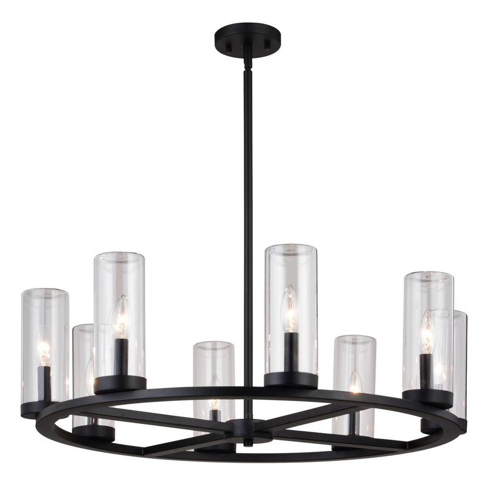 Vaxcel Grantley 8 Light Matte Black Wheel Chandelier Fixture Clear Glass Shade, LED Compatible, Damp Rated