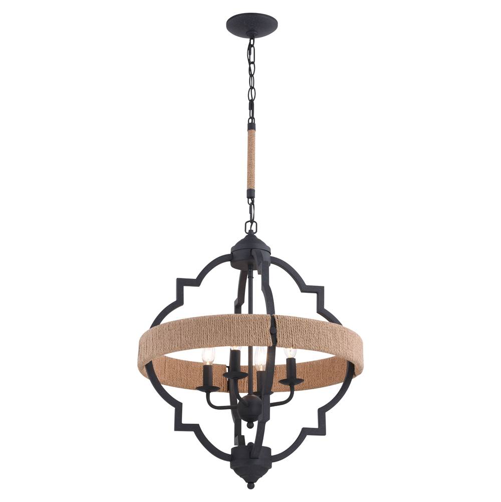 Vaxcel Beaumont 4L Gray and Natural Rope Farmhouse Cage Pendant Light
