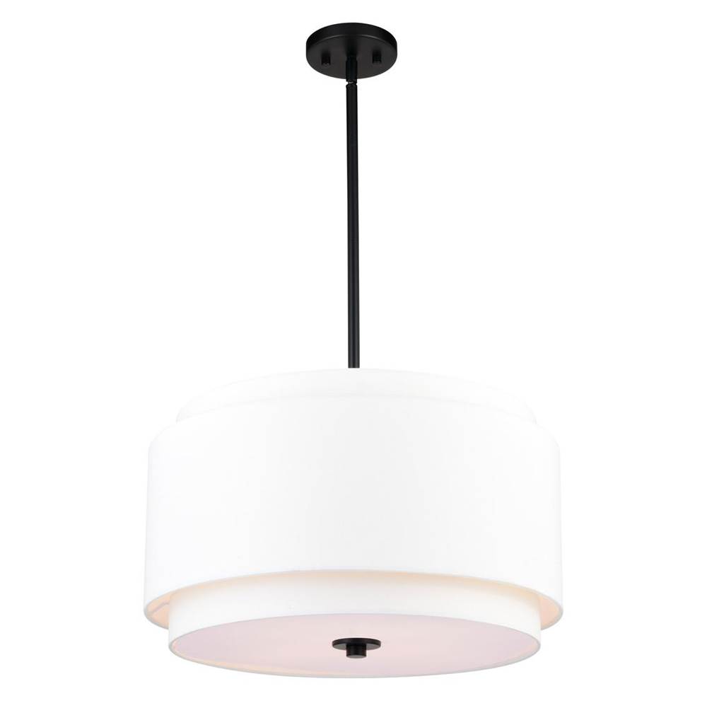 Vaxcel Burnaby 4 Light Black Mid-Century Modern Drum Pendant Fixture with White Linen Fabric Shade