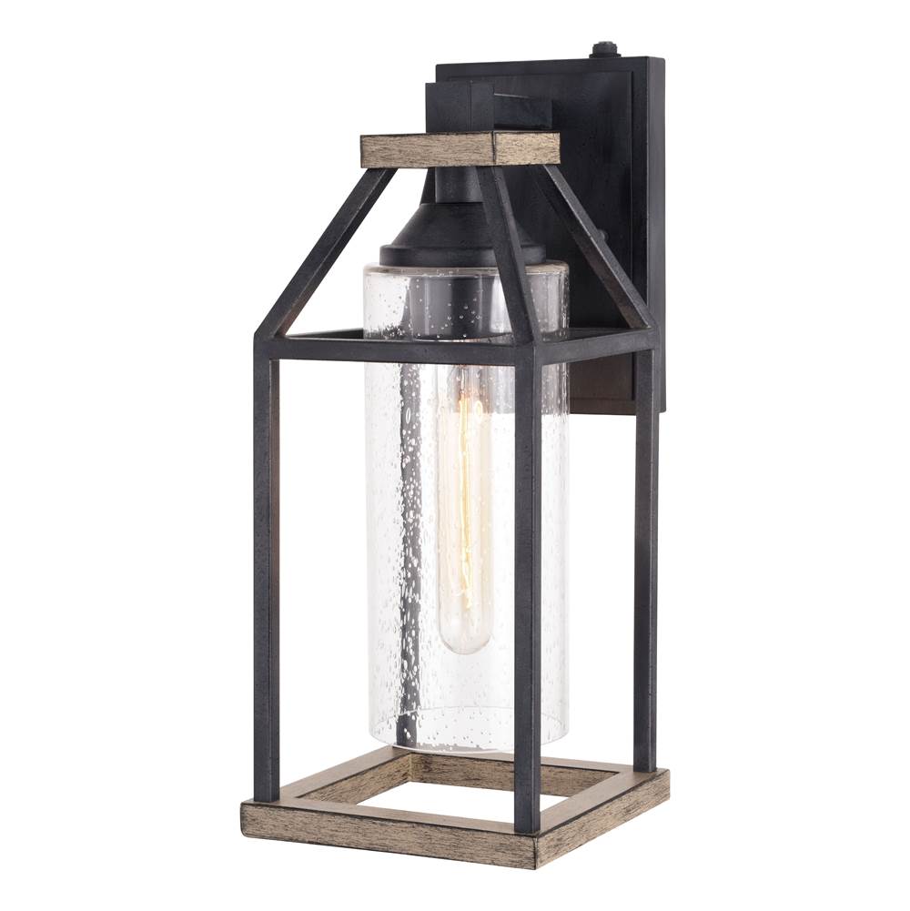 Vaxcel Napier 6.25-in Black and Wood Outdoor Farmhouse Wall Lantern, Dusk to Dawn Photocell, 1-Light Wall Lamp Sconce, Clear Seeded Glass