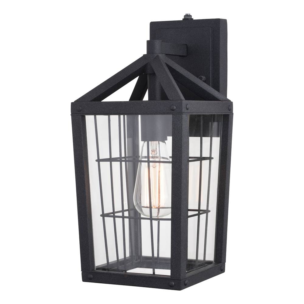 Vaxcel Gage 7-in Black Outdoor Farmhouse Wire Cage Wall Lantern, Dusk to Dawn 1-Light Wall Lamp Sconce with Clear Glass Panels