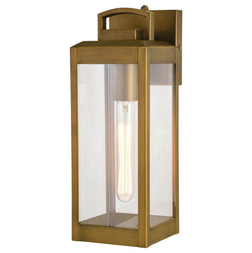 Vaxcel Kinzie 1 Light Brass Outdoor Wall Lantern with Dusk to Dawn Photocell, Clear Glass
