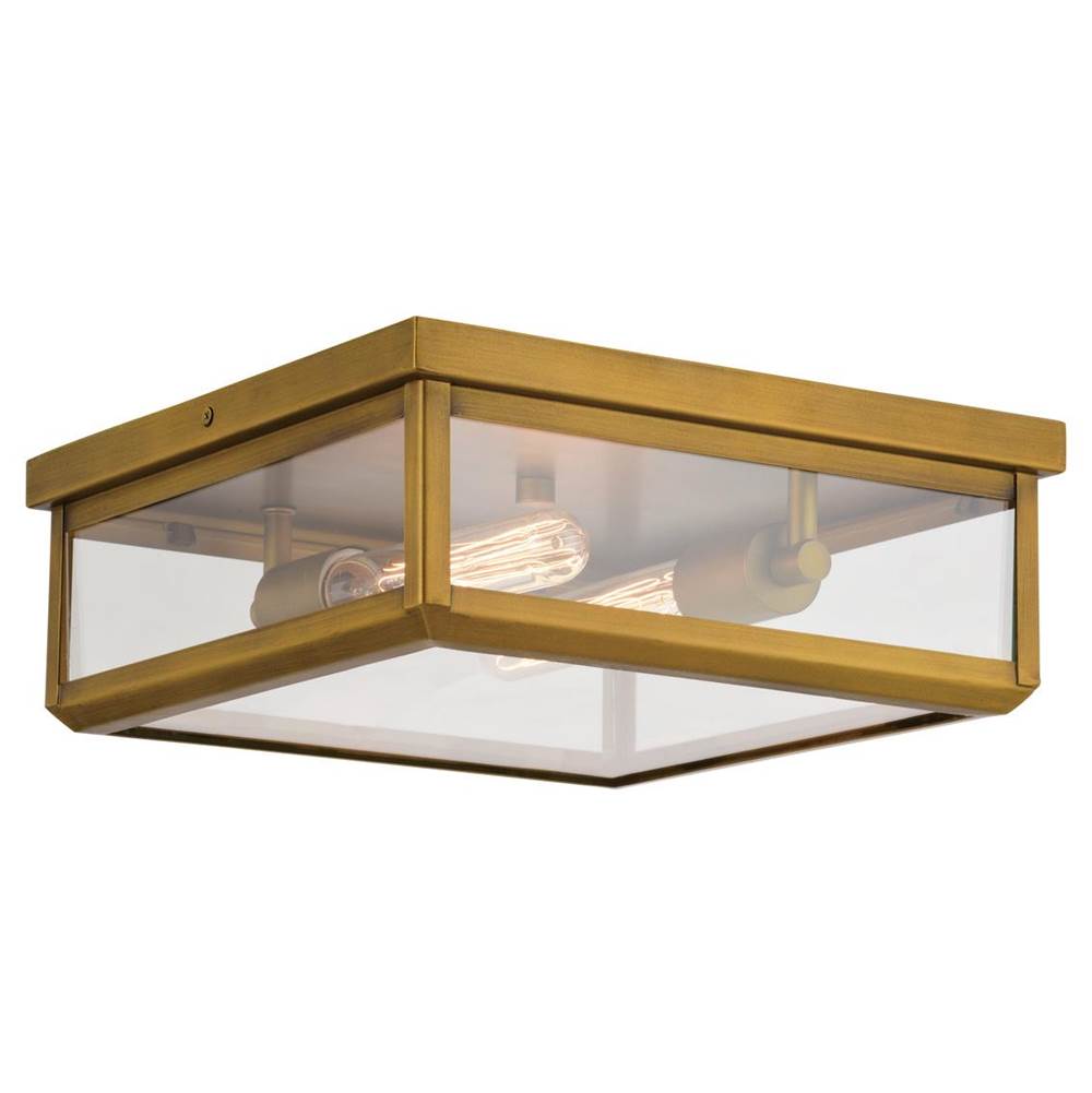 Vaxcel Kinzie Gold Vintage Brass Transitional Indoor Outdoor Square Flush Mount Ceiling Light with Clear Glass