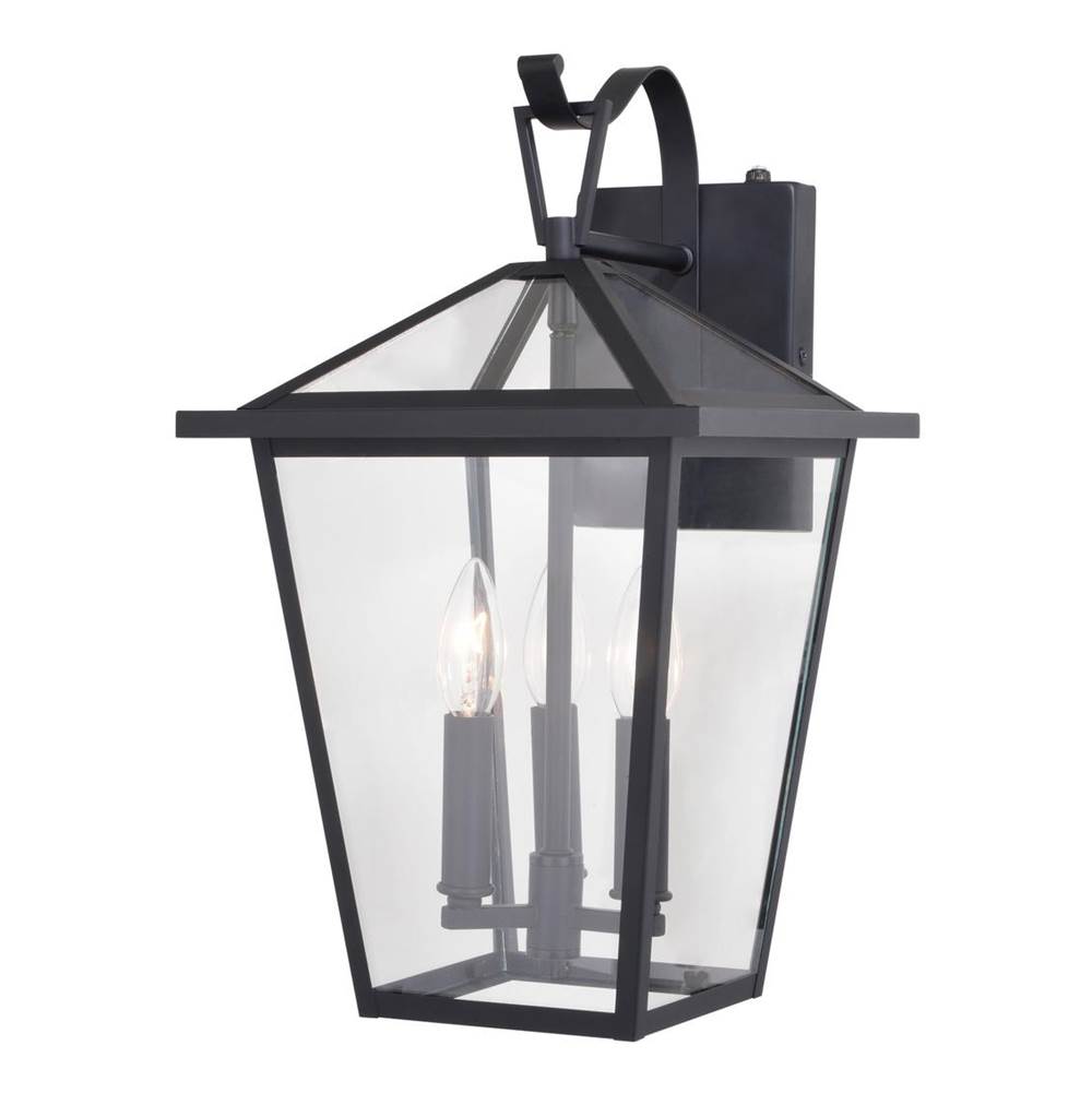 Vaxcel Derby 10-in W 3 Light Dusk to Dawn Matte Black Outdoor Wall Lantern Clear Glass Shade, LED Compatible