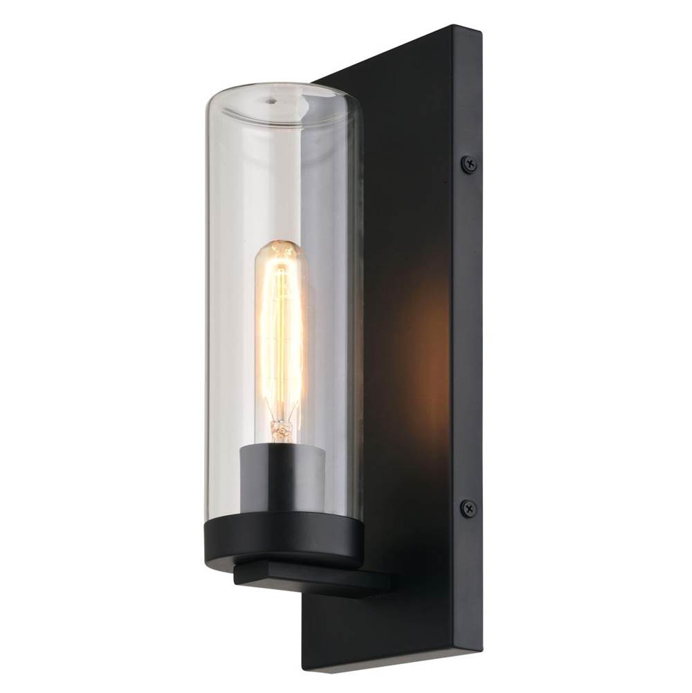 Vaxcel Grantley 1 Light Matte Black Indoor Outdoor Wall Sconce Clear Glass Cylinder Shade, LED Compatible