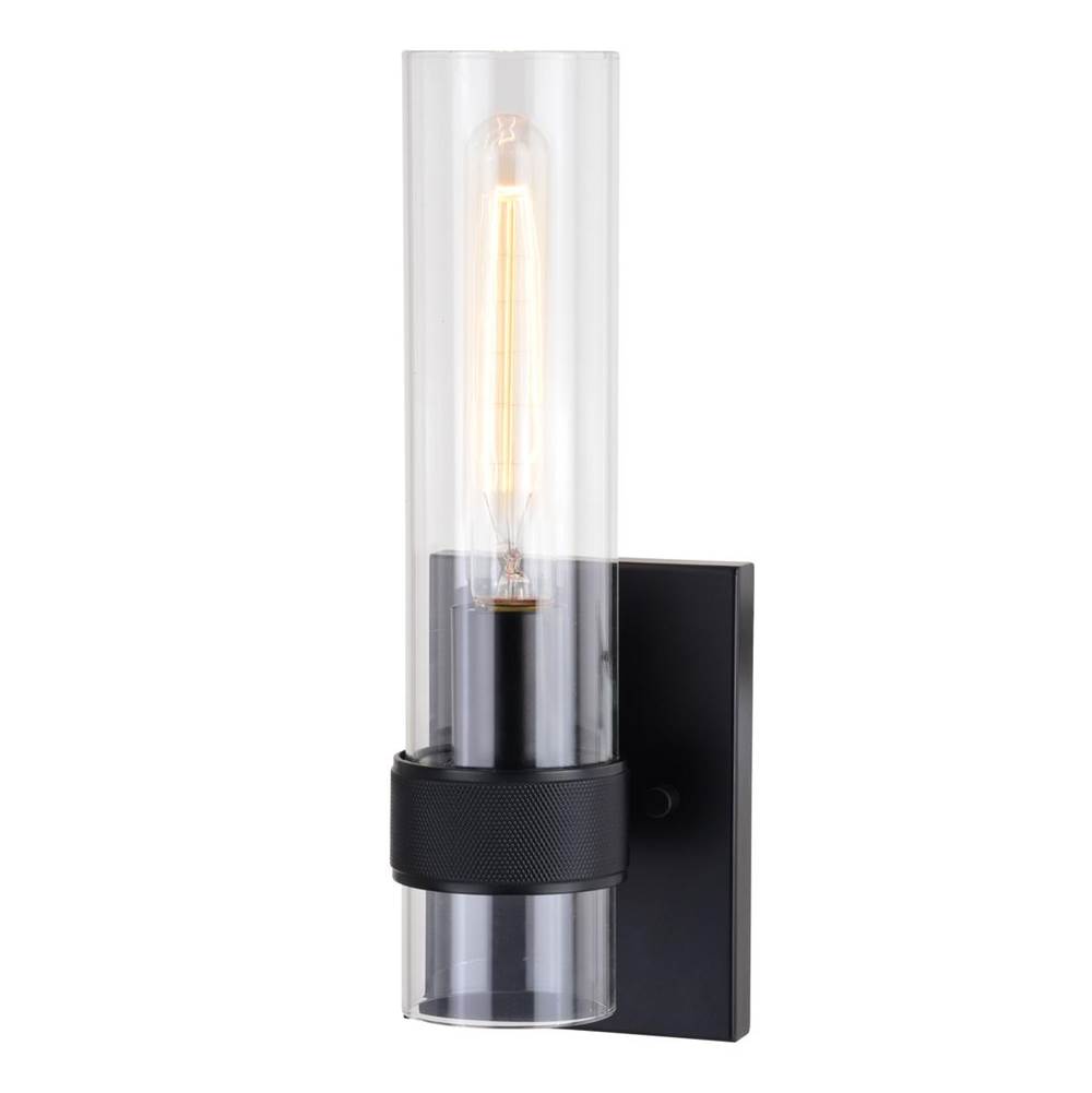 Vaxcel Bari 1 Light Matte Black Contemporary Wall Sconce with Clear Cylinder Glass
