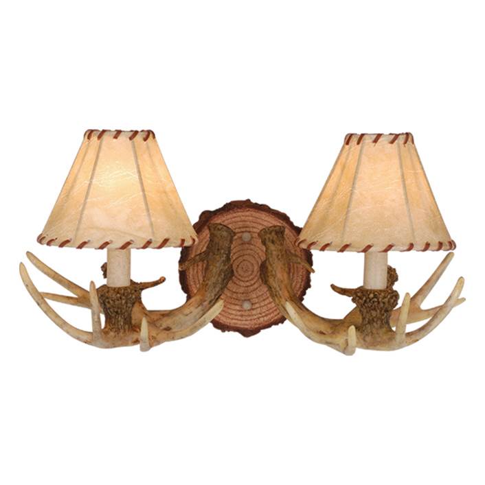 Vaxcel Lodge 2 Light Rustic Wood Antler Armed Wall Sconce Faux Leather Shade