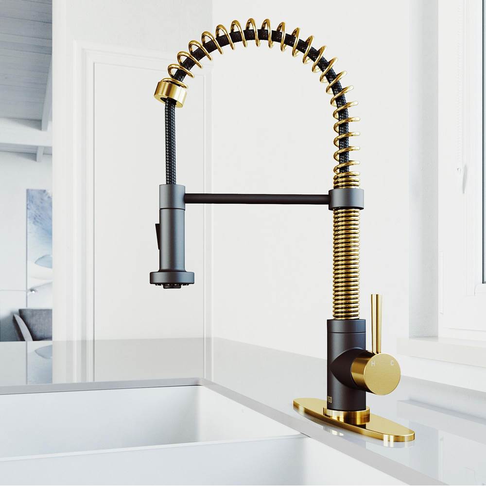 Vigo Edison Pull-Down Spray Kitchen Faucet In Matte Brushed Gold/Matte Black with Deck Plate
