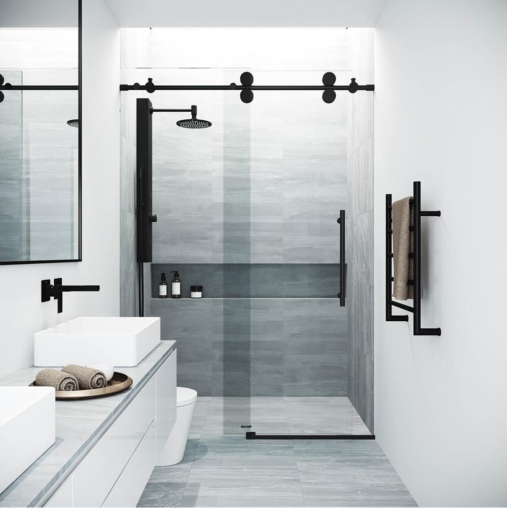 Vigo Elan 48 To 52 In. X 74 In. Frameless Sliding Shower Door In Matte Black With Clear Glass And Handle