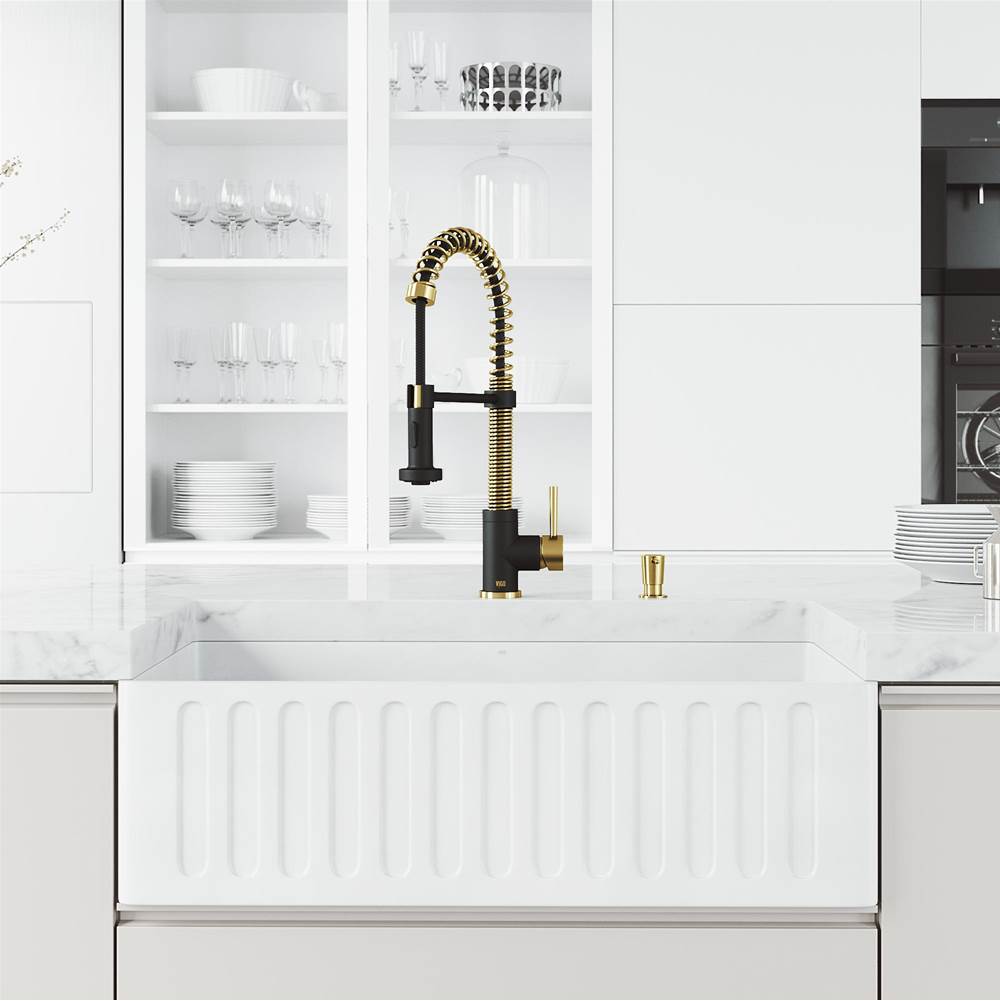 Vigo 33 in. Matte Stone Slotted Apron Front Farmhouse Kitchen Sink with Silicone Grid and Edison Faucet in Matte Brushed Gold and Matte Black