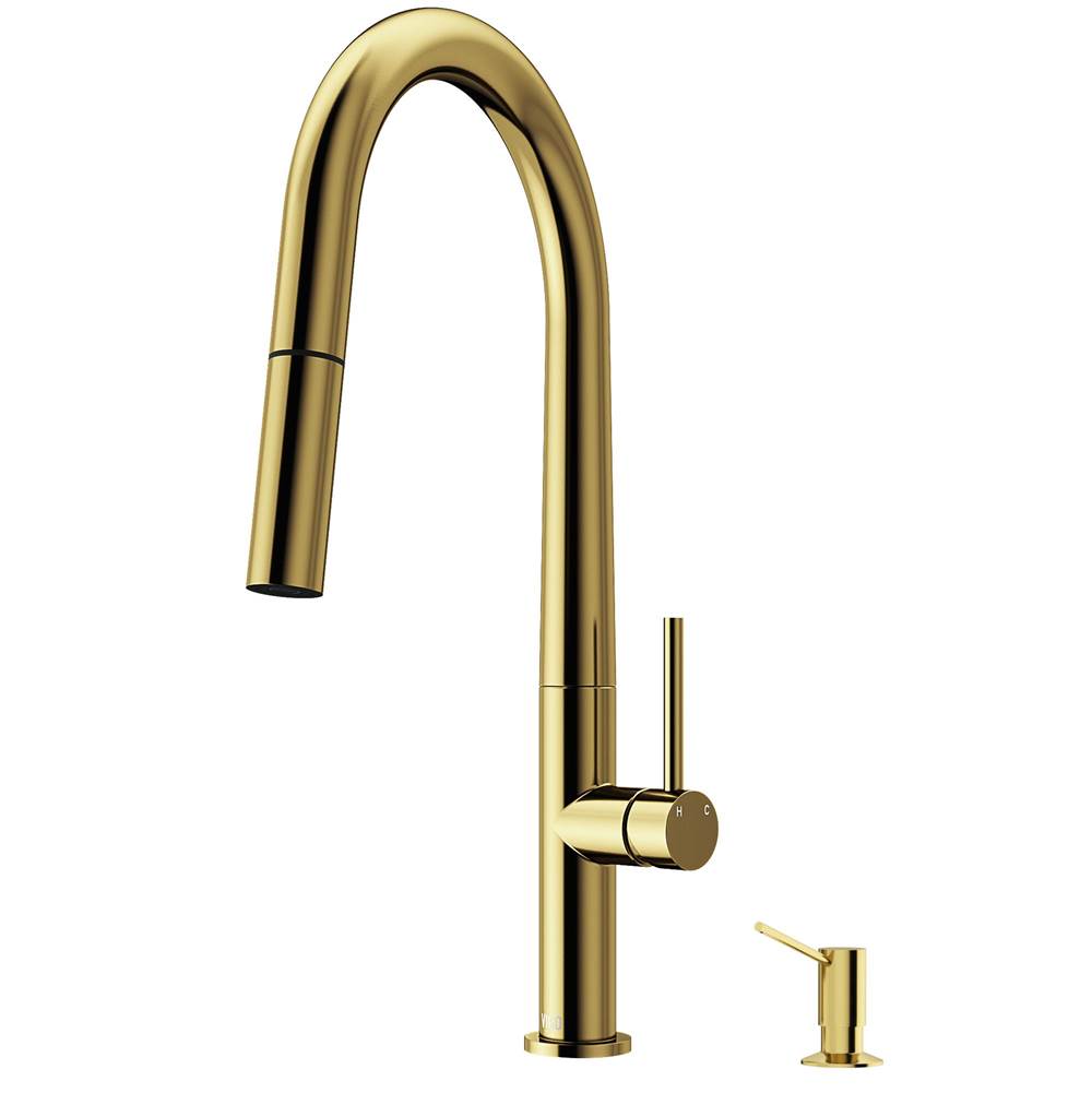 Vigo Greenwich Single Handle Pull-Down Sprayer Kitchen Faucet Set with Soap Dispenser in Matte Brushed Gold
