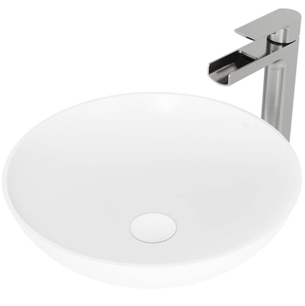 Vigo Lotus Matte Stone Vessel Bathroom Sink With Amada Bathroom Faucet In Brushed Nickel And Pop-Up Drain Set