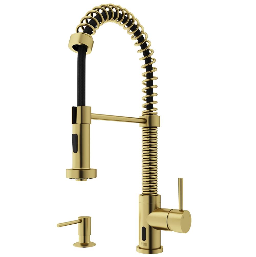Vigo Edison Single Handle Pull-Down Sprayer Kitchen Faucet Set with Soap Dispenser and Touchless Sensor in Matte Brushed Gold