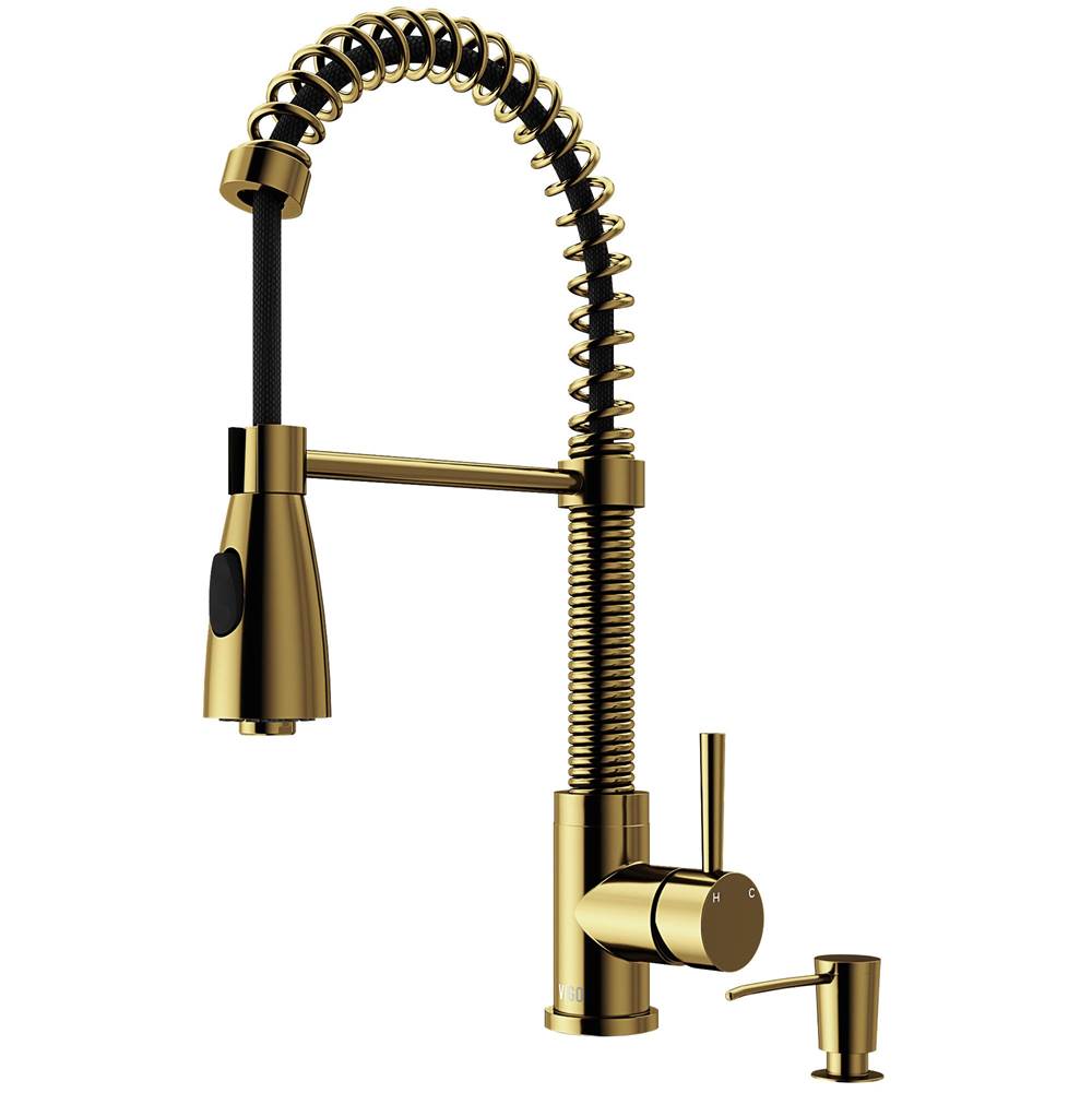 Vigo Brant Pull-Down Spray Kitchen Faucet And Soap Dispenser In Matte Brushed Gold