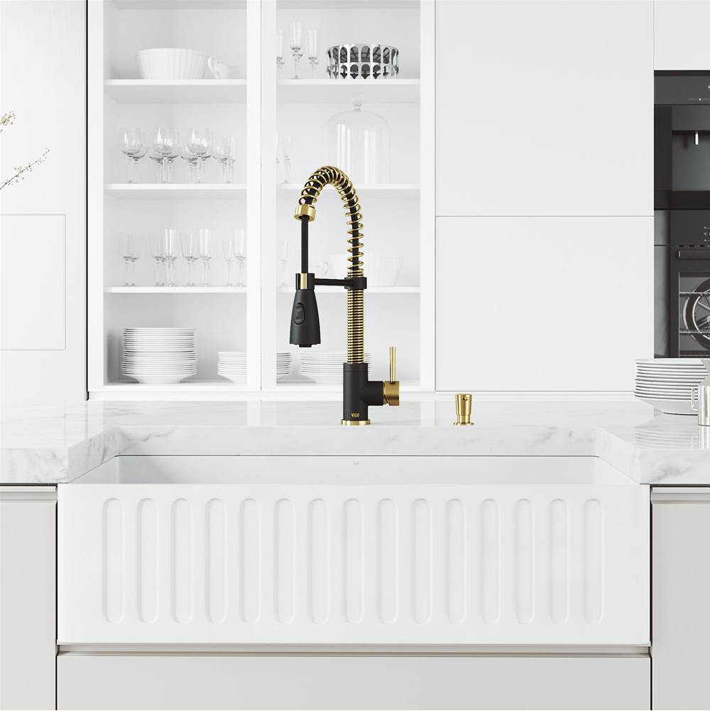 Vigo 36 in. Slotted Apron Front Farmhouse Kitchen Sink and Brant Faucet in Matte Brushed Gold and Matte Black