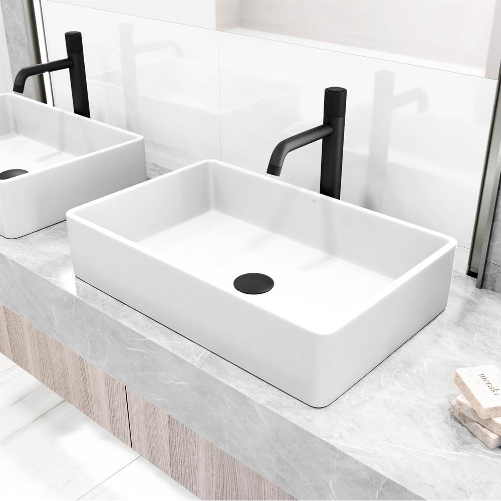 Vigo Matte Stone Magnolia Composite Rectangular Vessel Bathroom Sink in White with Faucet and Pop-Up Drain in Matte Black