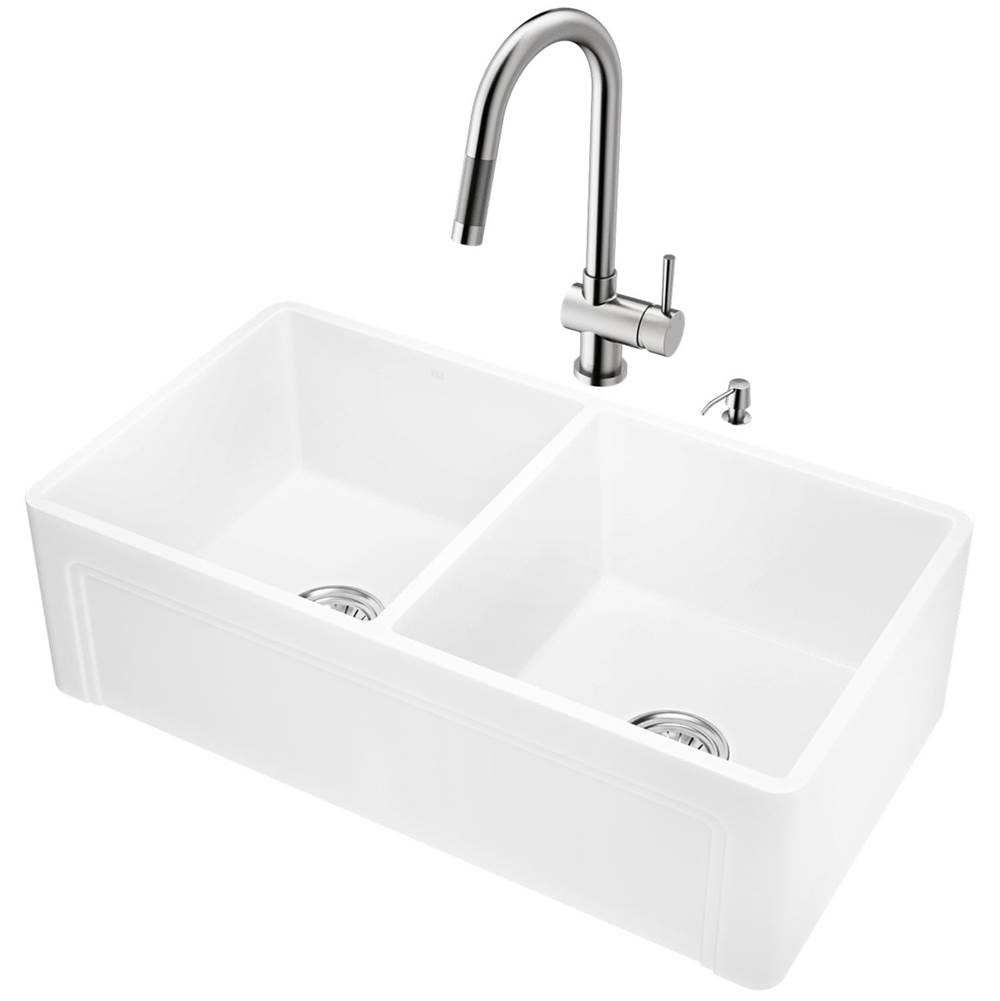 Vigo All-In-One 33'' Casement Front Matte Stone Double Bowl Farmhouse Apron Kitchen Sink Set With Gramercy Faucet In Stainless Steel, Two Strainer