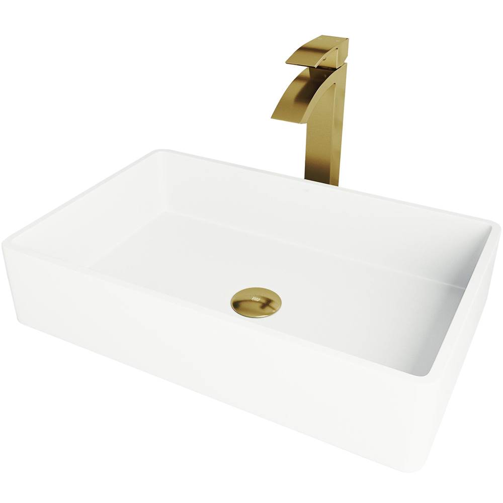 Vigo Magnolia Matte Stone Bathroom Vessel Sink And Duris Vessel Faucet In Matte Brushed Gold With Pop-Up Drain