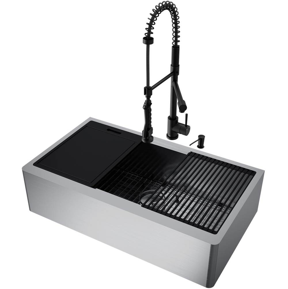Vigo 36'' Oxford Stainless Steel Flat Apron Kitchen Sink Workstation With Matte Black Zurich Faucet And Soap Dispenser
