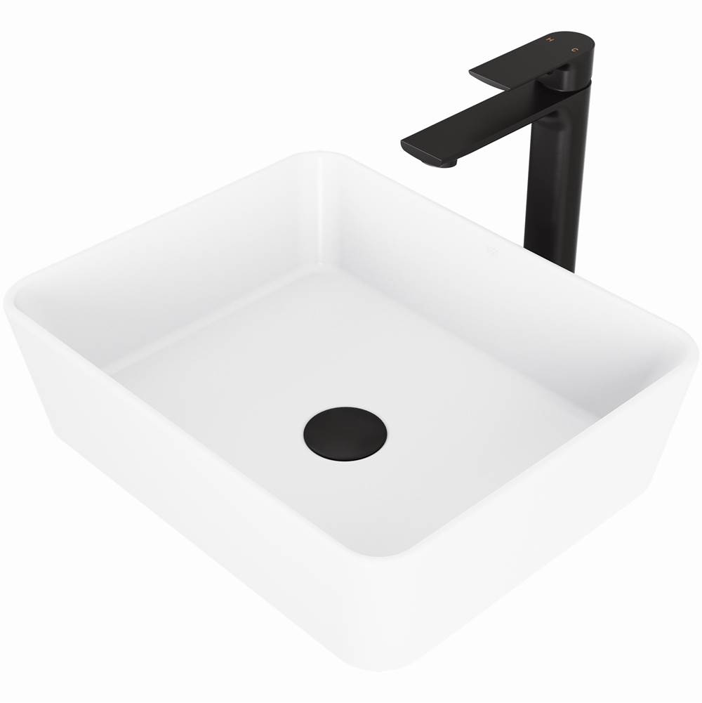 Vigo Marigold Matte Stone Vessel Bathroom Sink Set With Norfolk Vessel Faucet In Matte Black Finish, Pop-Up Drain Included