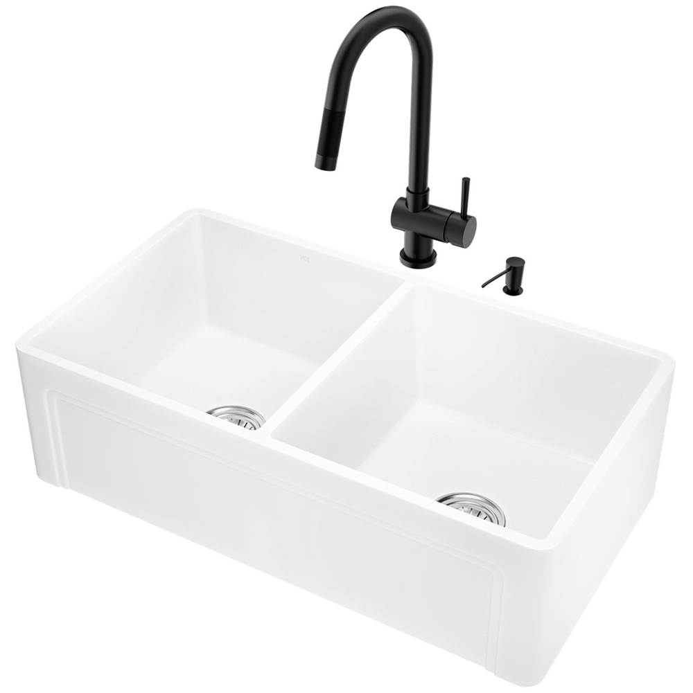 Vigo All-In-One 33'' Casement Front Matte Stone Double Bowl Farmhouse Apron Kitchen Sink Set With Gramercy Faucet In Matte Black, Two Strainers An