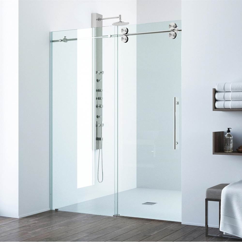 Vigo Elan 52 To 56 In. X 74 In. Frameless Sliding Shower Door In Stainless Steel With Clear Glass And Handle