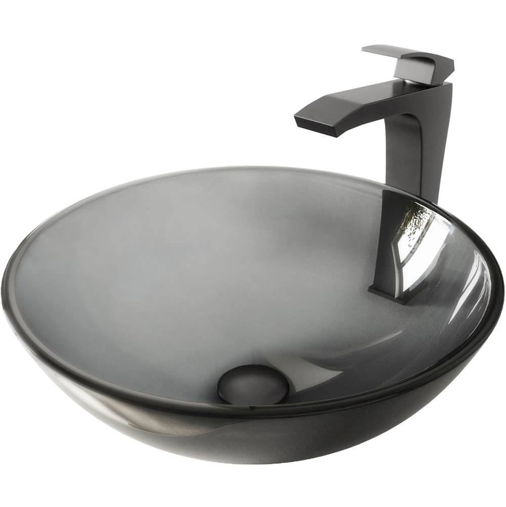 Vigo Sheer Black Glass Vessel Bathroom Sink Set With Blackstonian Vessel Faucet In Matte Black