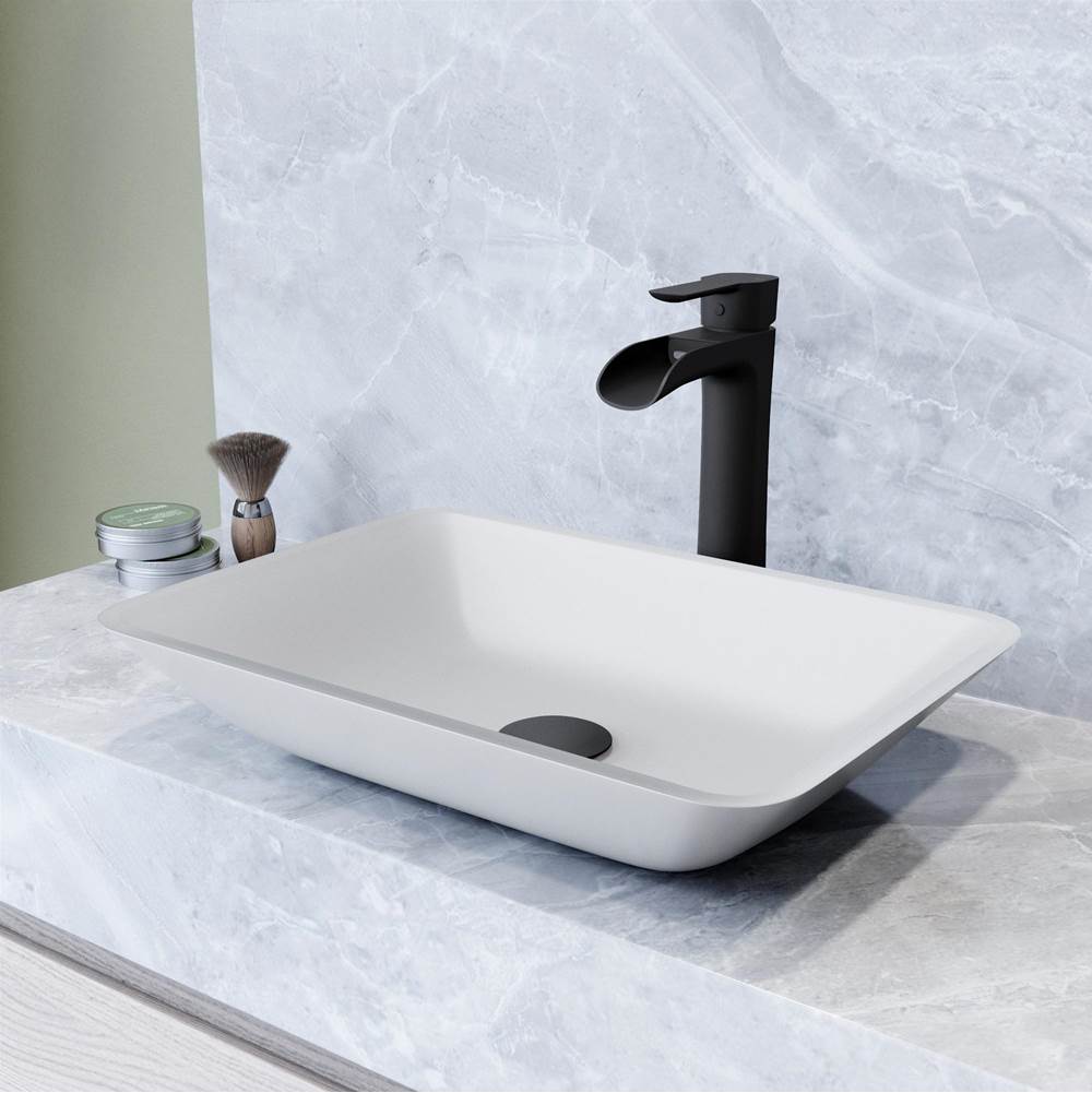 Vigo Matte Shell Sottlie Glass Rectangular Vessel Bathroom Sink in White with Niko Faucet and Pop-up Drain in Matte Black