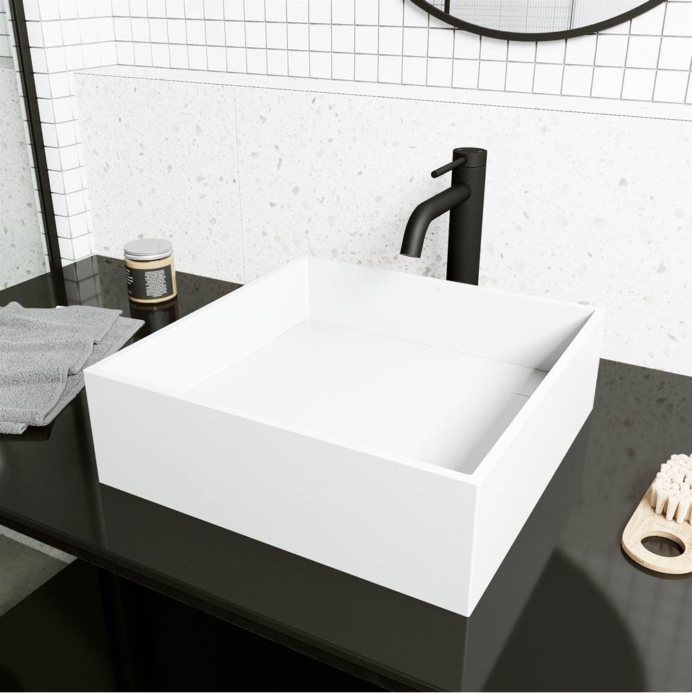 Vigo Montauk Square MatteStone Vessel Bathroom Sink with Lexington Bathroom Faucet and Pop-Up Drain in Matte Black