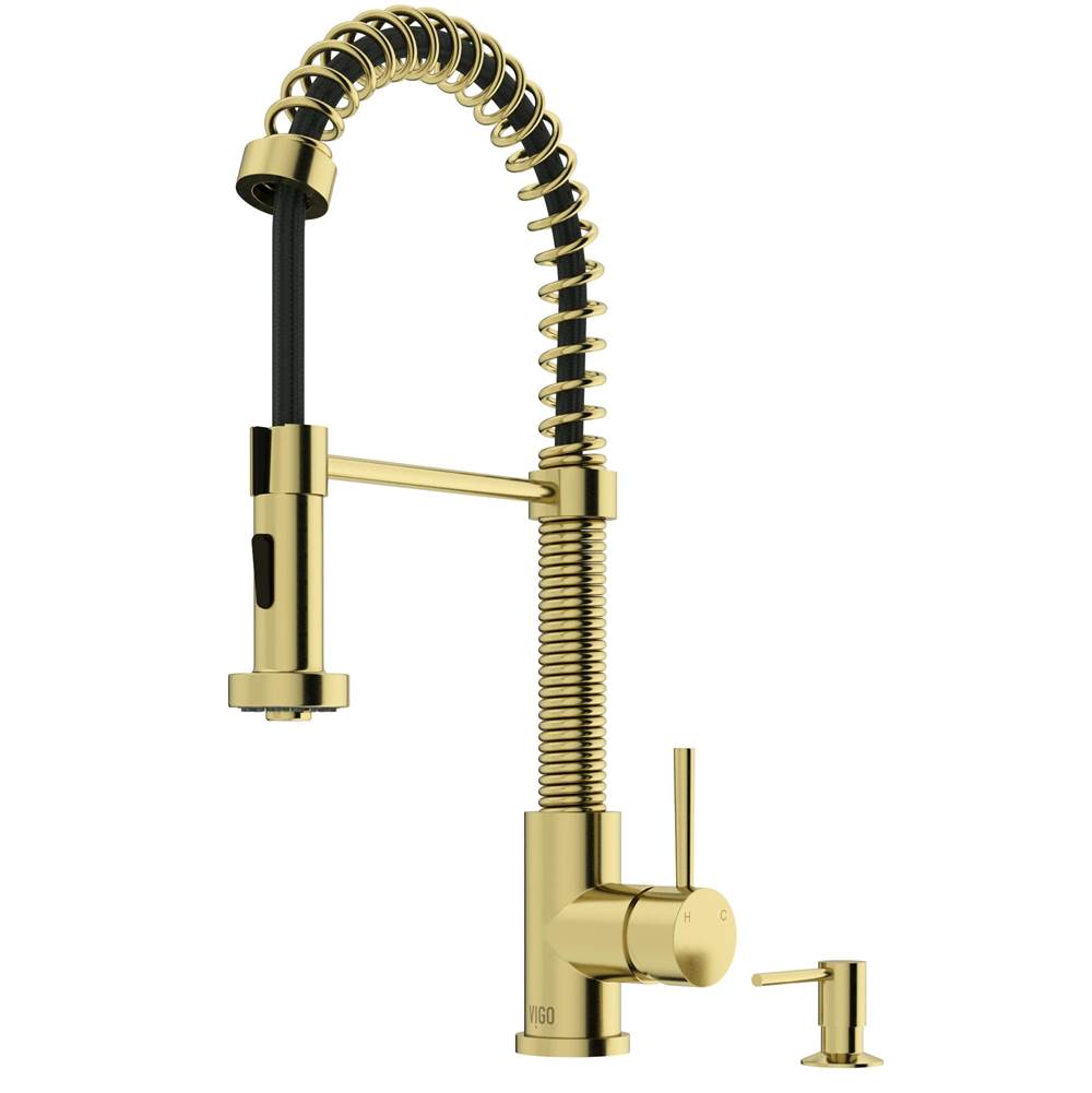 Vigo Edison Single Handle Pull-Down Sprayer Kitchen Faucet Set with Soap Dispenser in Matte Brushed Gold