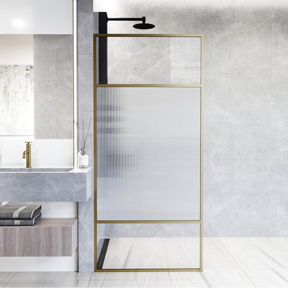 Vigo Essex 34 in. W x 74 in. H Framed Fixed Shower Screen Door in Matte Brushed Gold with 3/8 in. Fluted and Clear Glass