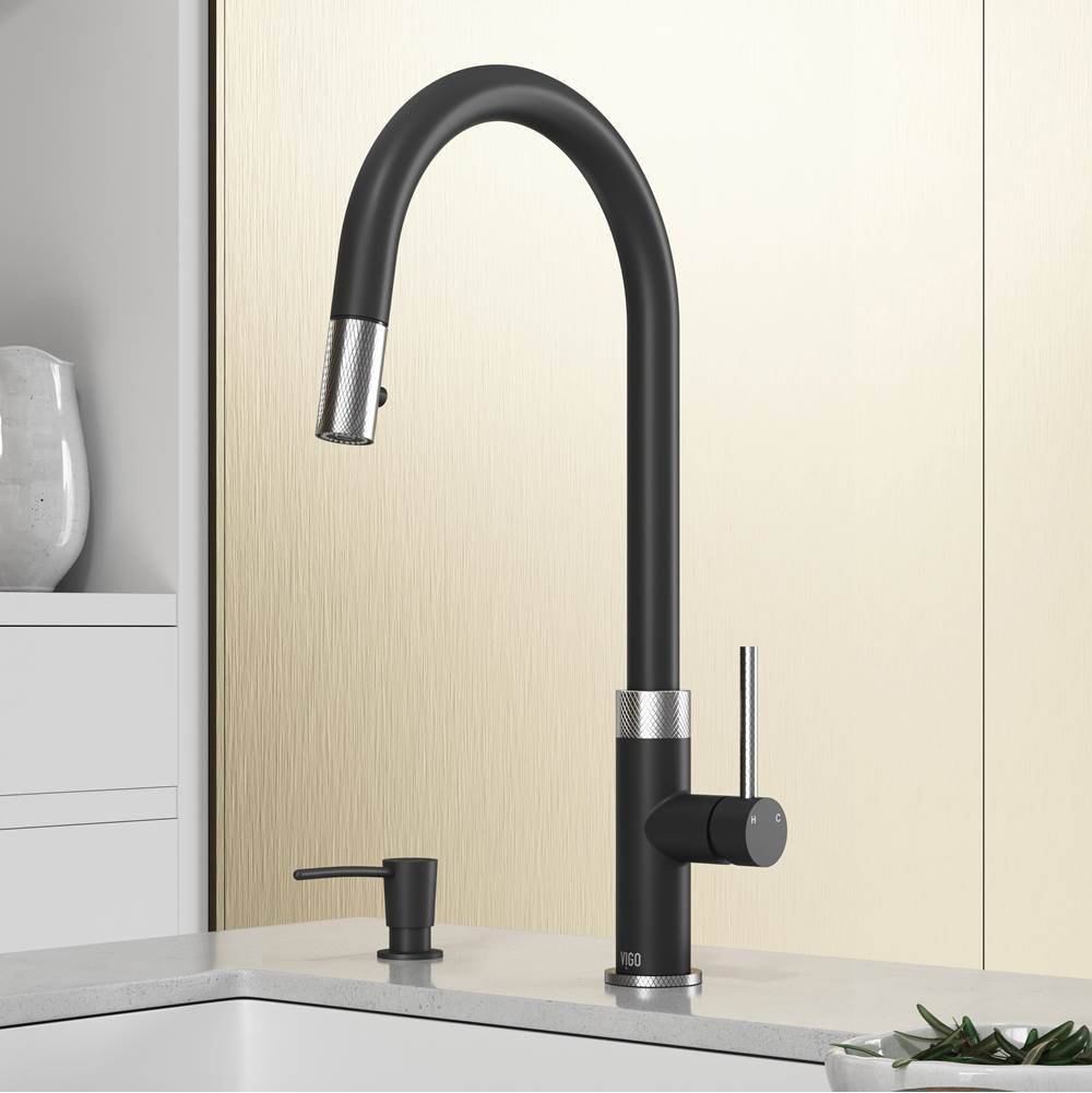 Vigo Bristol Pull-Down Kitchen Faucet with Soap Dispenser in Stainless Steel and Matte Black