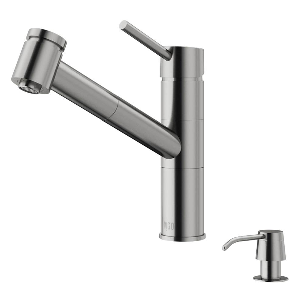 Vigo Branson Pull-Out Spray Kitchen Faucet With Soap Dispenser In Stainless Steel