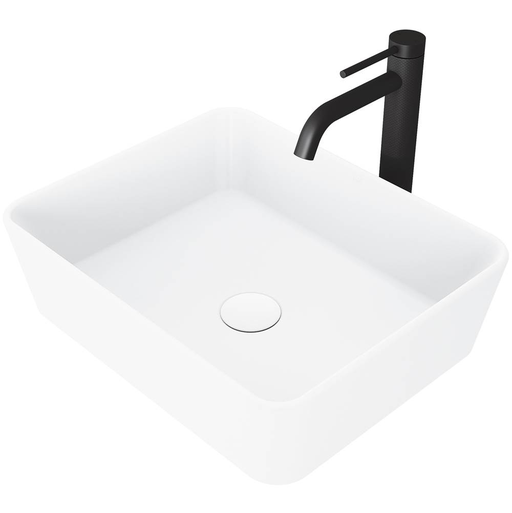 Vigo Marigold Matte Stone Vessel Bathroom Sink And Lexington Vessel Bathroom Faucet In Matte Black With Pop-Up Drain