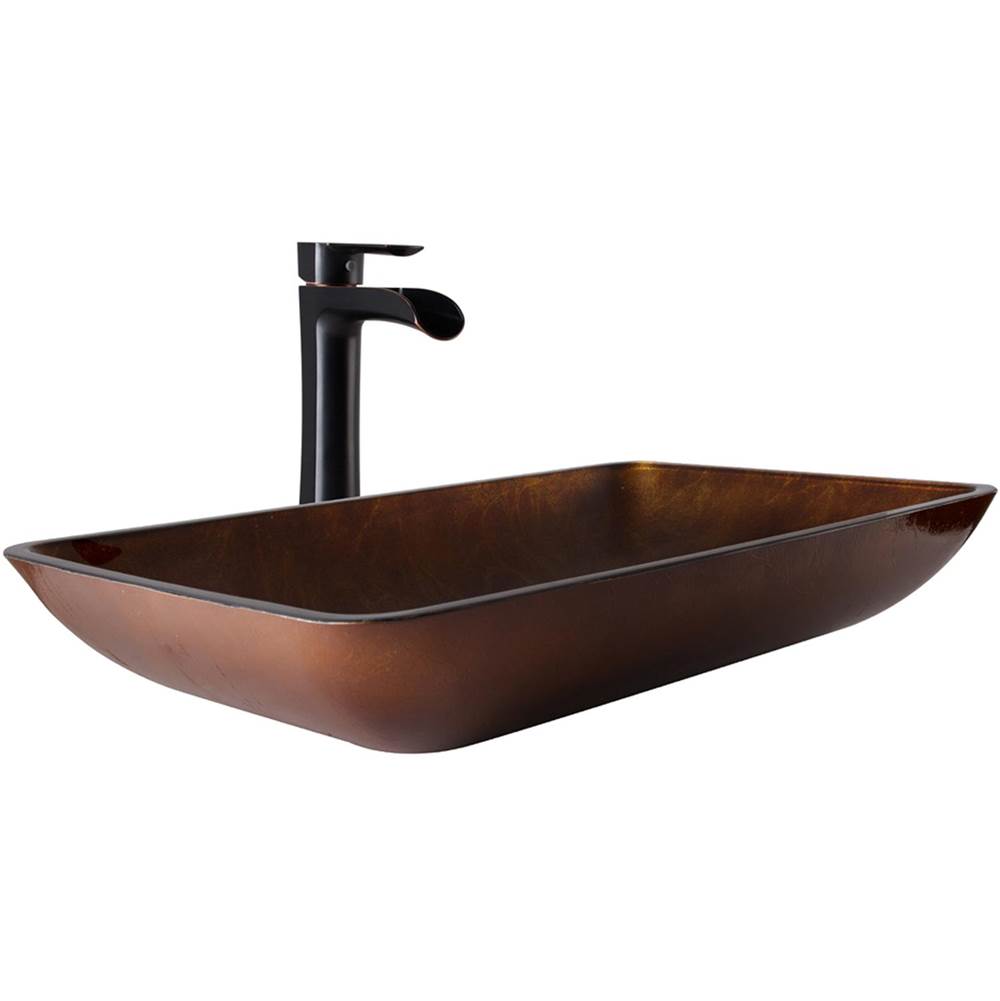 Vigo 22'' Rectangular Russet Glass Vessel Bathroom Sink Set Niko Vessel Faucet In With Antique Rubbed Bronze