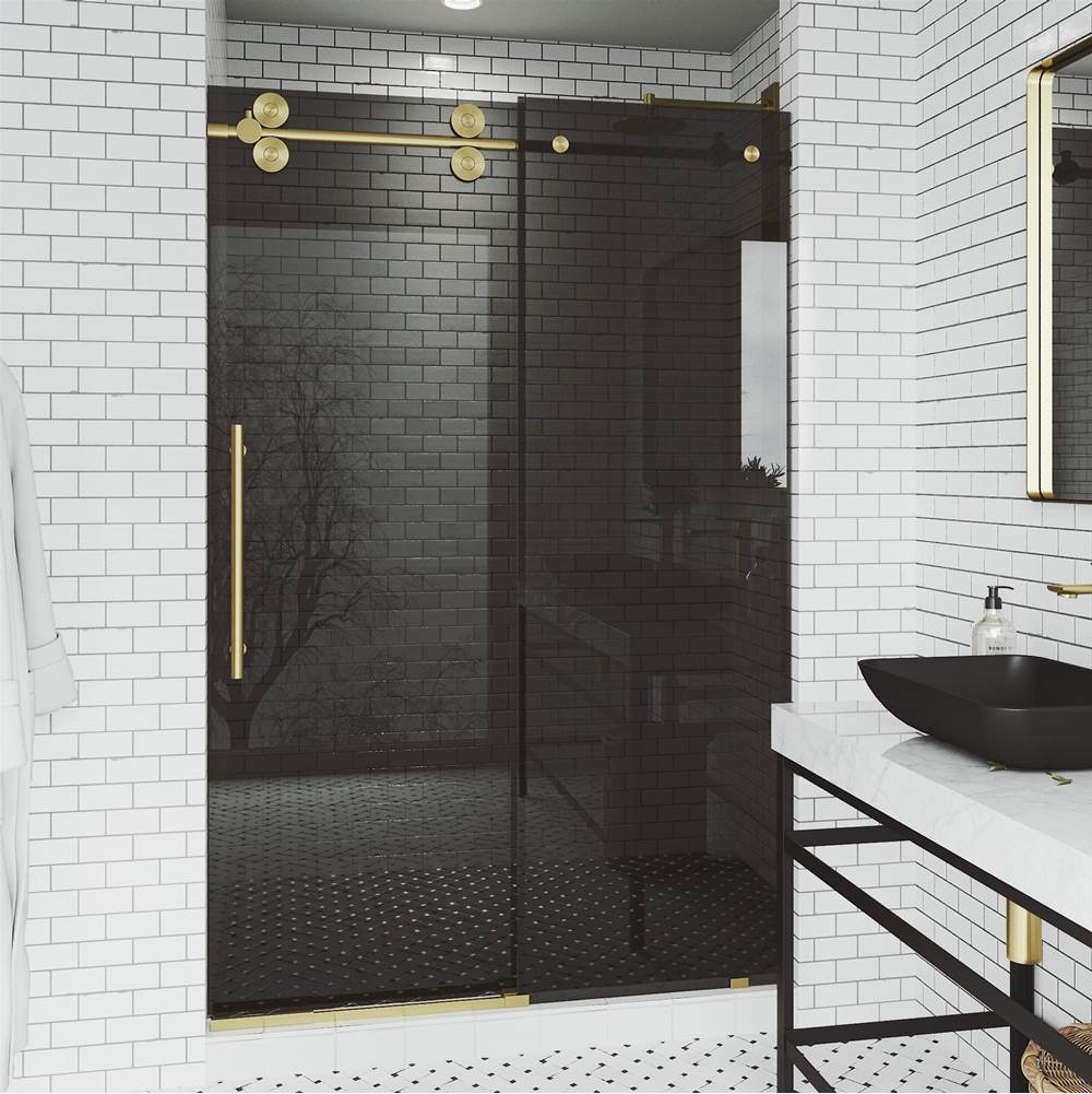 Vigo Elan 56 to 60 in. x 74 in. Frameless Sliding Shower Door in Matte Brushed Gold with Black Glass and Handle