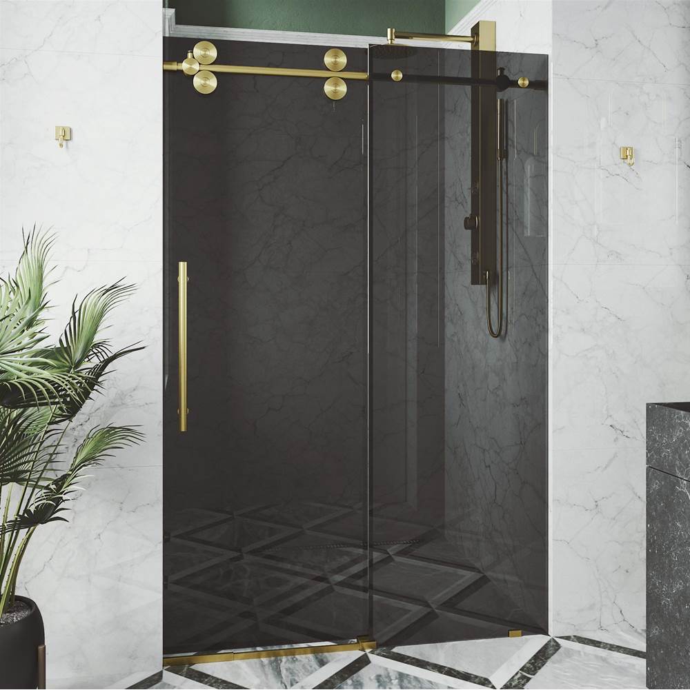Vigo Elan 68 to 72 in. x 74 in. Frameless Sliding Shower Door in Matte Brushed Gold with Black Glass and Handle