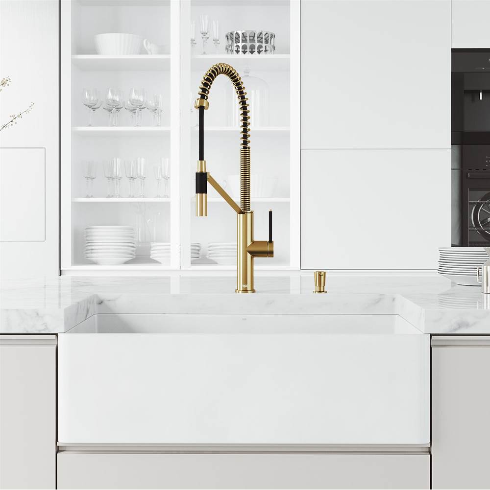 Vigo 33 in. Matte Stone Farmhouse Flat Apron Front Kitchen Sink with Livingston Faucet in Matte Brushed Gold