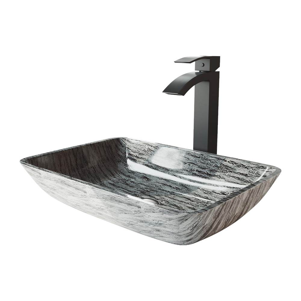 Vigo Rectangular Titanium Glass Vessel Bathroom Sink Set With Duris Vessel Faucet In Matte Black