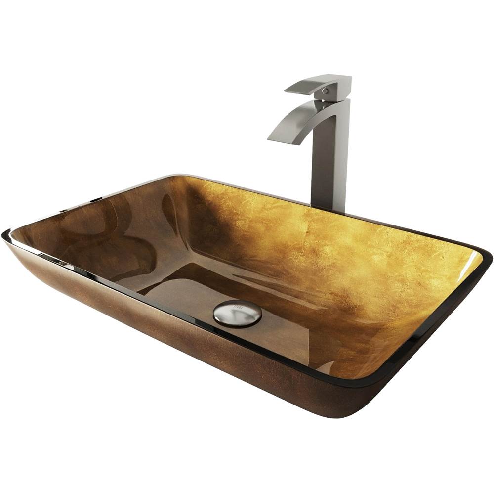Vigo Rectangular Copper Glass Vessel Bathroom Sink Set With Duris Vessel Faucet In Brushed Nickel