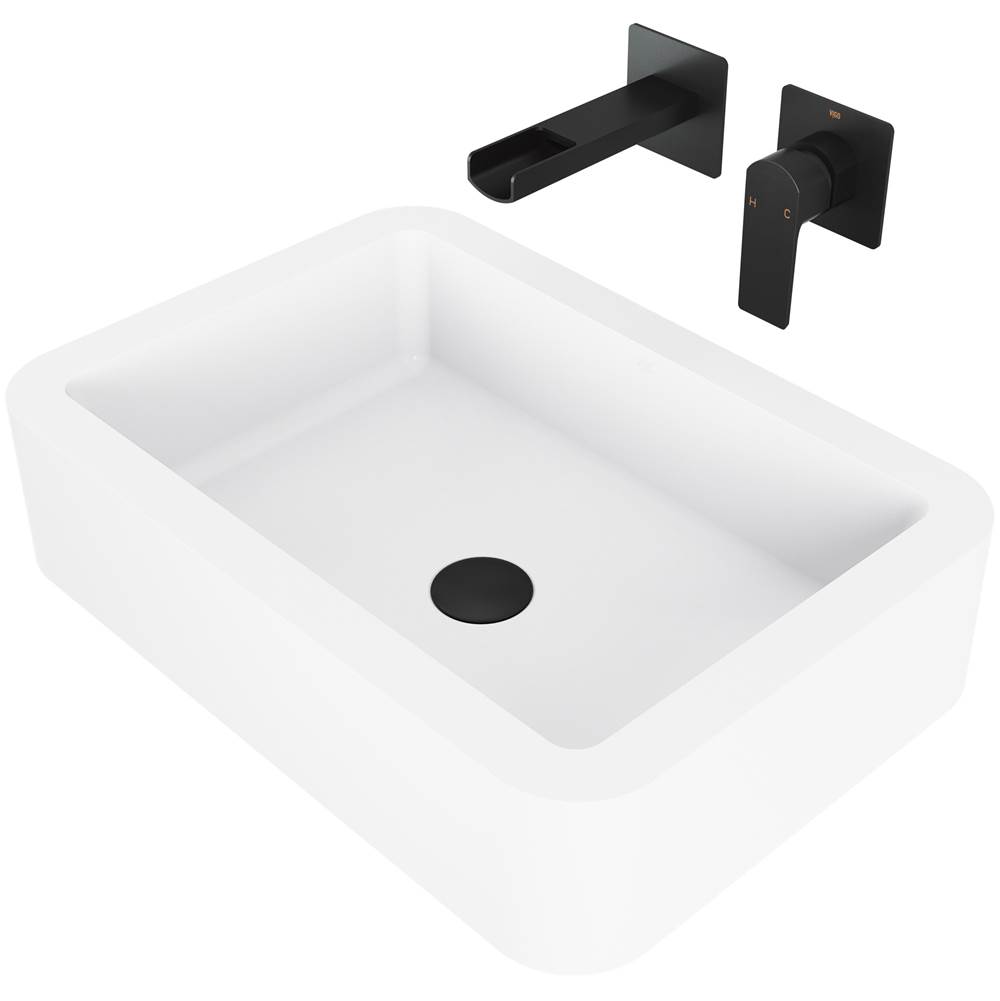 Vigo Petunia Matte Stone Vessel Bathroom Sink Set With Atticus Wall Mount Faucet In Matte Black