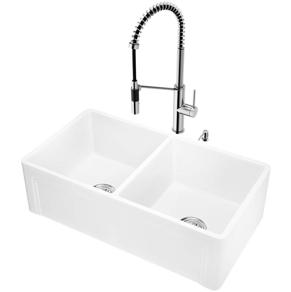 Vigo All-In-One Farmhouse White Matte Stone 33-In. Double Bowl Casement Apron Front Kitchen Sink, Livingston Pull-Down Faucet, And Soap Dispenser Set I